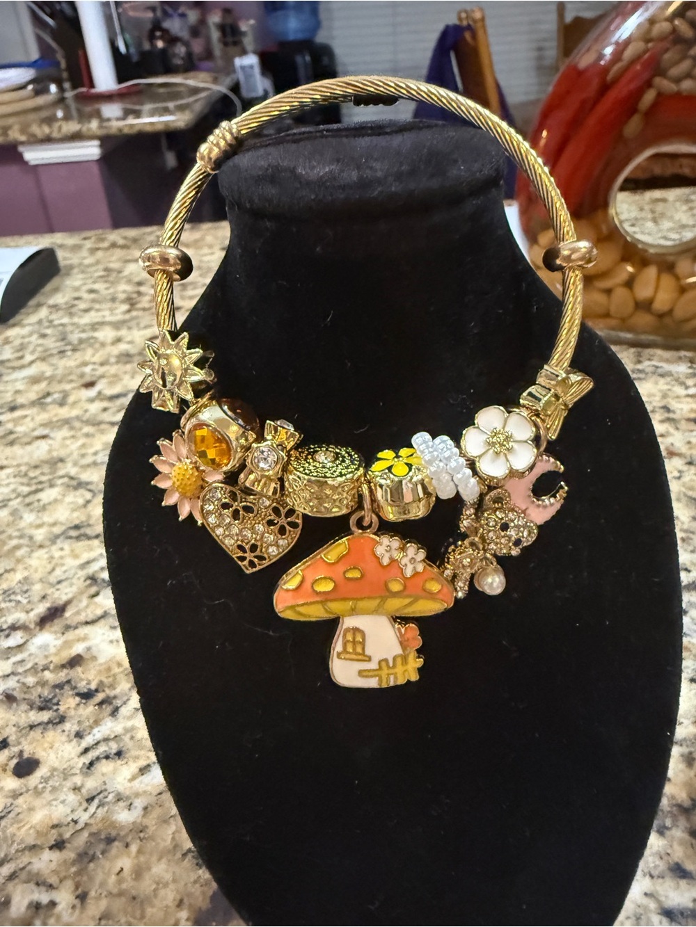 Gold-Tone Charm bracelet with Orange Mushroom Pendant by